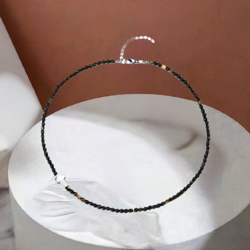 COOLSTEELANDBEYOND Black Crystal Bead Chain Necklace, Stainless Steel Cross Pendant, Women Chain Necklace