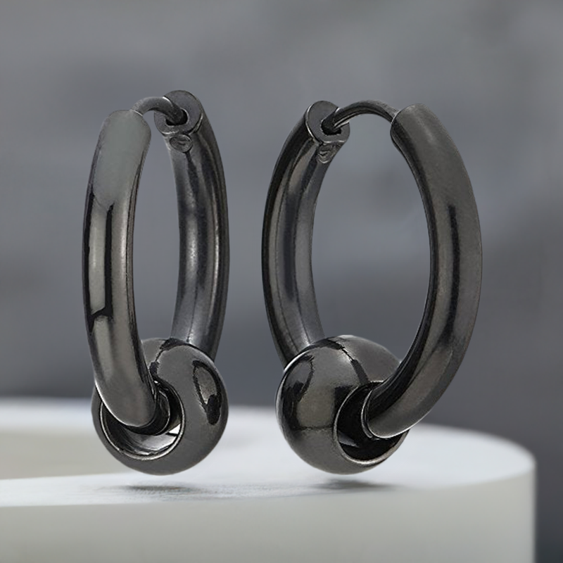 Stainless Steel Black Circle Beads Huggie Hinged Hoop Earrings for Men and Women, 2pcs, Versatile and Stylish Design for Any Occasion