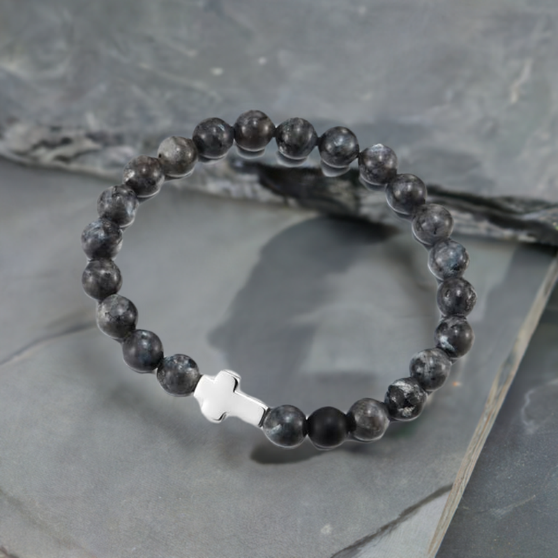 COOLSTEELANDBEYOND Charm of Cross, Black Beads Bracelet Stretchable, Mens Women, Prayer Mala