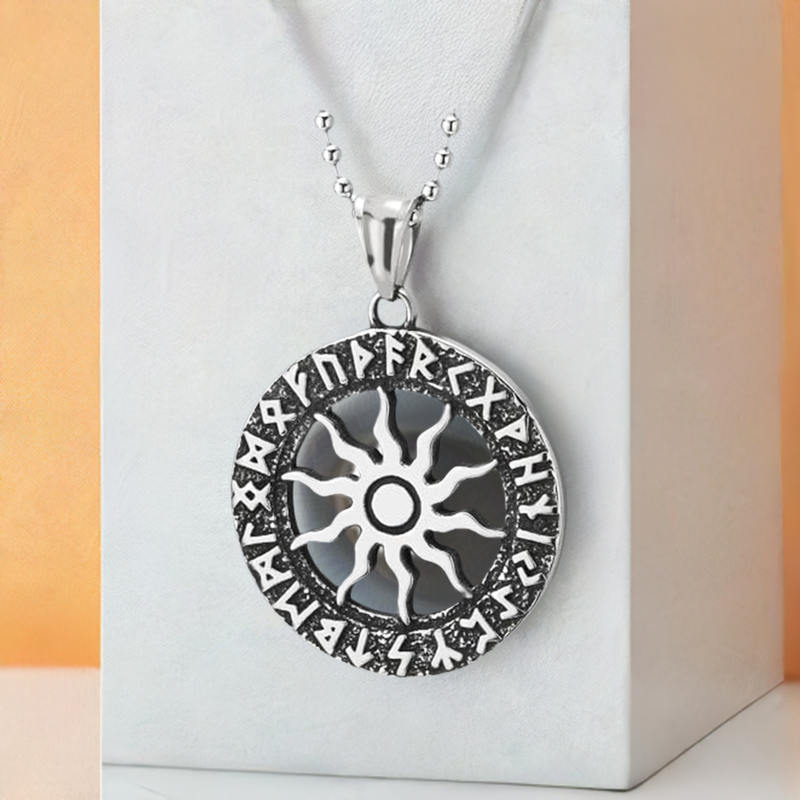 COOLSTEELANDBEYOND Sun Disk Amulet Talisman Wheel Pendant with Old Futhark, Mens Steel Necklace Medallion Circle Medal