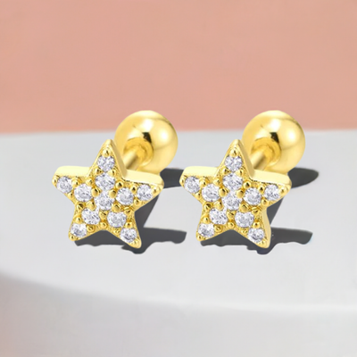 Star Gold Color Pentagram Stud Earrings with Cubic Zirconia, 2pcs Womens Steel, Screw Back