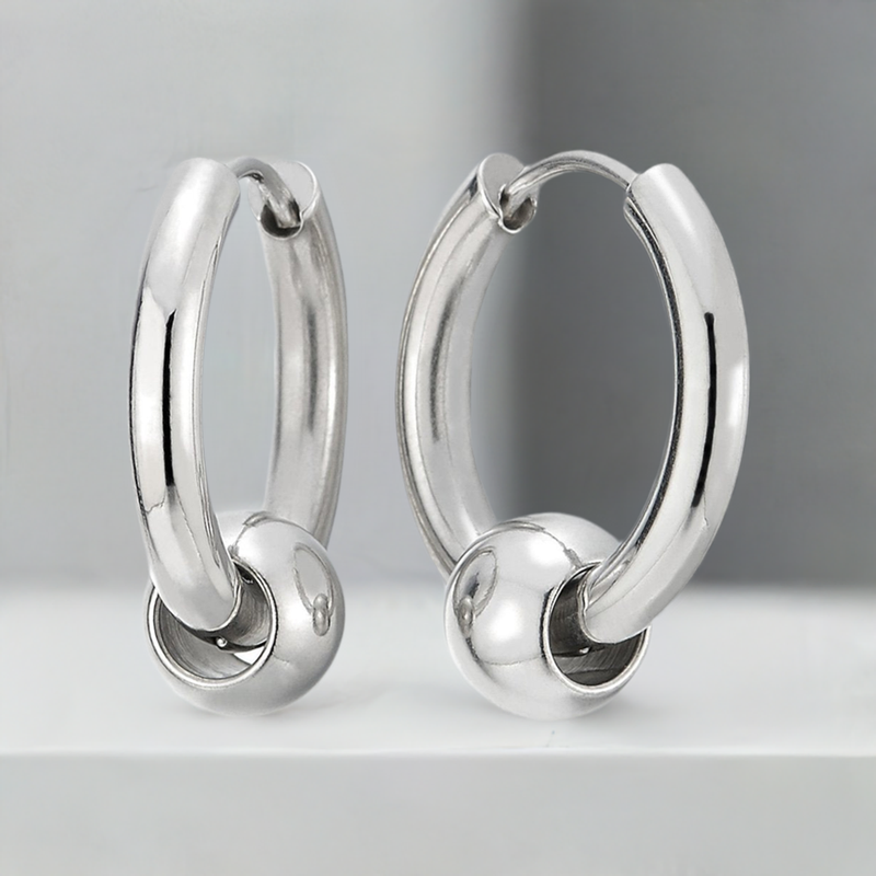 Silver Steel Huggie Hoop Earrings with Center Bead, Unisex Hinged Bands, Timeless Design for Men and Women, Ideal for Any Occasion