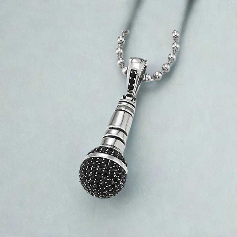 COOLSTEELANDBEYOND Mens Women Steel Microphone Pendant Necklace with Black Cubic Zirconia, 23.6 inches Ball Chain