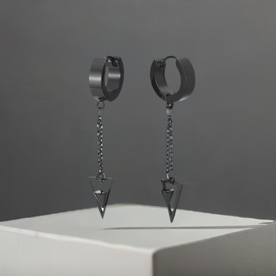 Black Steel Huggie Hoop Earrings with Dangle Chain and Spike Pendant for Men and Women, Featuring Hinged Bands with Triangle and Cone on a Chain for a Bold, Edgy Look