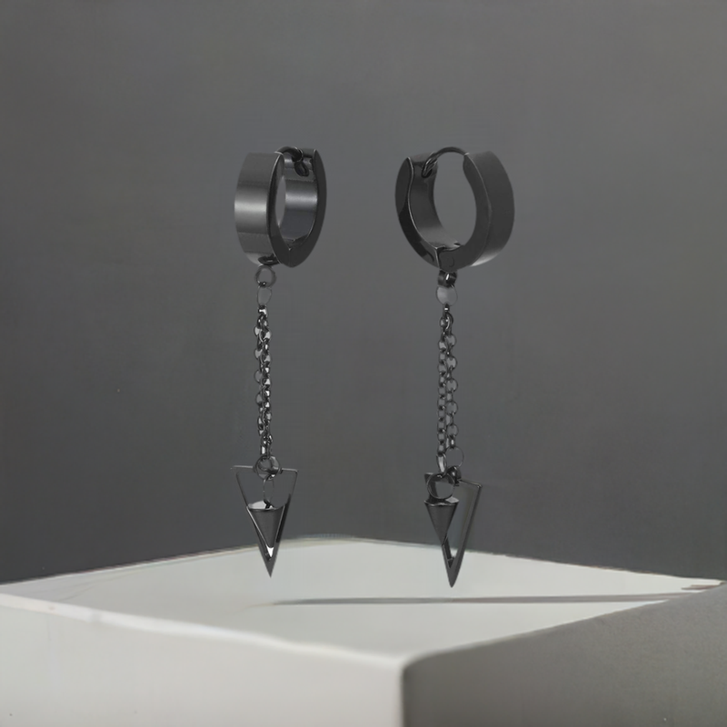 Black Steel Huggie Hoop Earrings with Dangle Chain and Spike Pendant for Men and Women, Featuring Hinged Bands with Triangle and Cone on a Chain for a Bold, Edgy Look