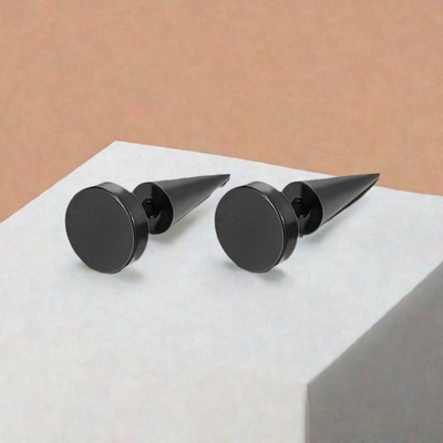 Pair of 8MM Black Circle Stud Earrings in Stainless Steel for Men and Women, Featuring Spiked Screw Back for a Bold, Edgy Look