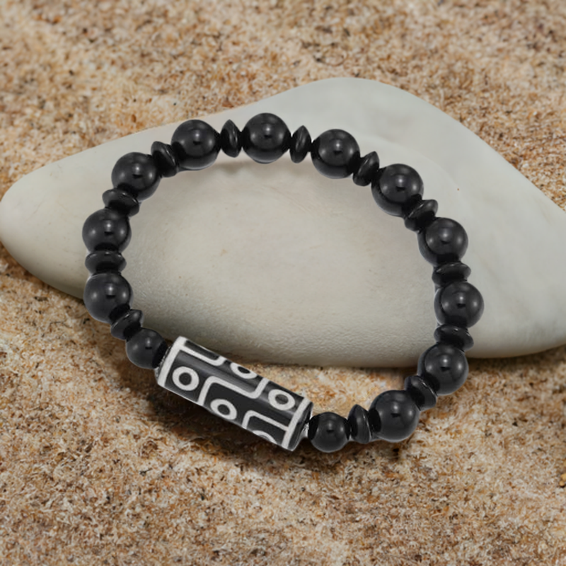 COOLSTEELANDBEYOND Mens Women Black Beads Bracelet, Totem Tattoo Tribal Prayer, Protection Mala, Murano-Style Bead