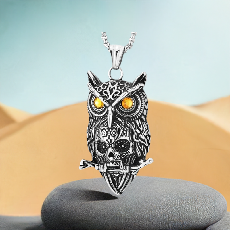 COOLSTEELANDBEYOND Owl and Skull Pendant, Mens Stainless Steel Vintage Necklace with 30 inches Wheat Chain