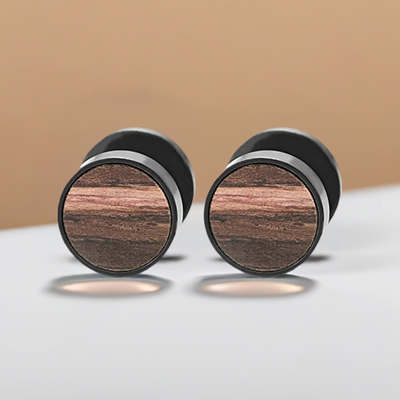 Mens Women Black Circle Stud Earrings with Wood, Steel Cheater Fake Ear Plugs Gauges Tunnel