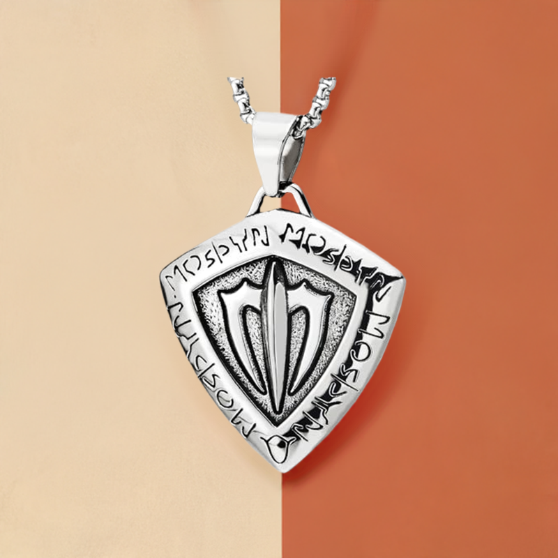 COOLSTEELANDBEYOND Triangle Shield Neptune Trident Poseidon Protection Pendant, Mens Steel Necklace, 30 in Wheat Chain