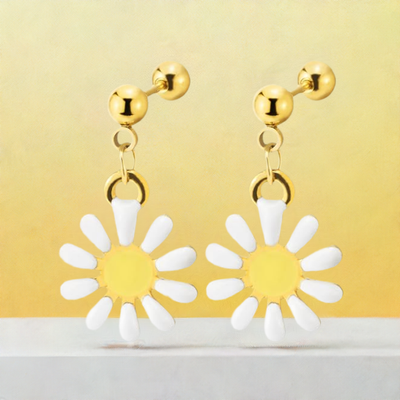 Gold Color Steel Barbell Ball Stud Earrings with Dangling Daisy Flower, Women, Screw Back