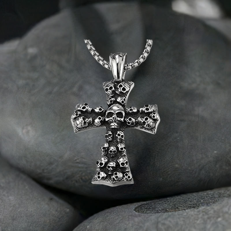 COOLSTEELANDBEYOND Mens Large Gothic Vintage Skulls Cross Pendant Necklace of Steel, Wheat Chain