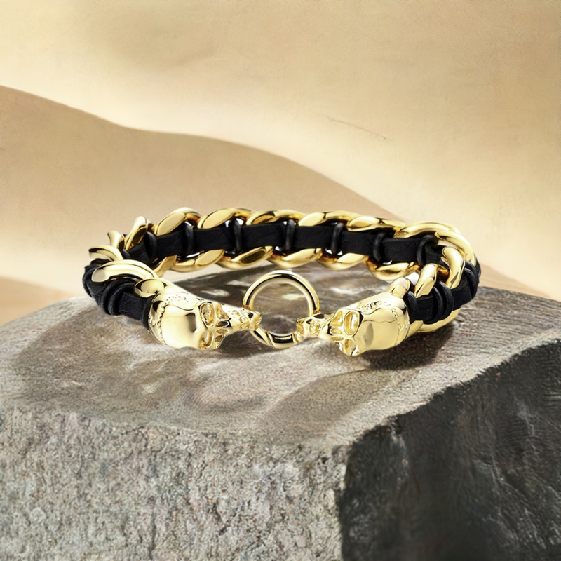 COOLSTEELANDBEYOND Stainless Steel Mens Gold Skull Curb Chain Bracelet Interwoven with Black Genuine Braided Leather