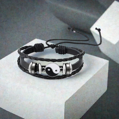 COOLSTEELANDBEYOND Yin-Yang Charm Bracelet, Black Leather Three-strand, Mens Womens Wrap Wristband