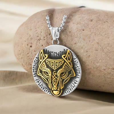 COOLSTEELANDBEYOND Viking Wolf Head Elder Futhark Circle Pendant, Silver Gold, Stainless Steel Mens Vintage Necklace