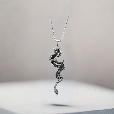 COOLSTEELANDBEYOND Mens Vintage Dragon Pendant, Stainless Steel Necklace with 30 inches Wheat Chain