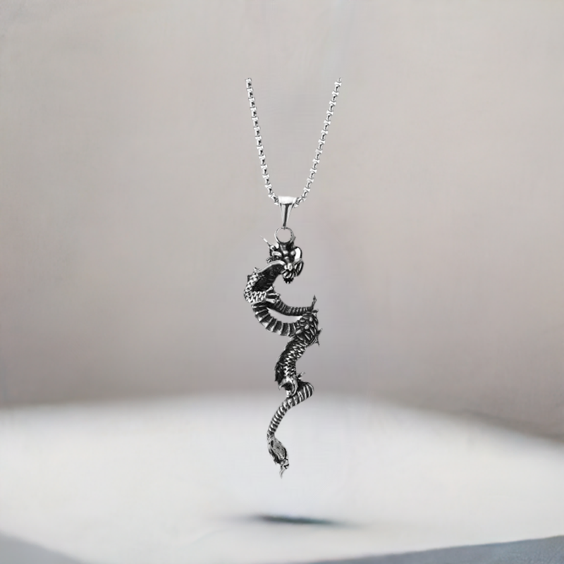 COOLSTEELANDBEYOND Mens Vintage Dragon Pendant, Stainless Steel Necklace with 30 inches Wheat Chain
