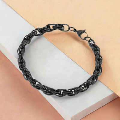 COOLSTEELANDBEYOND Black Braided Link Chain Bracelet for Men, Stainless Steel, Classic, Punk Rock