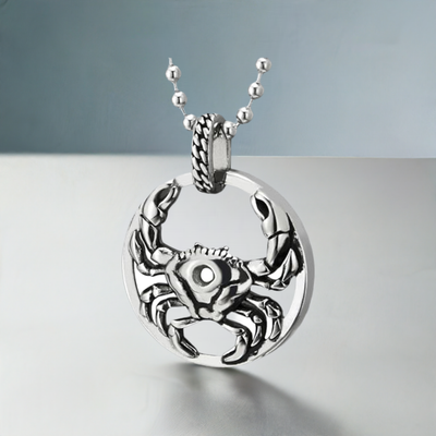 COOLSTEELANDBEYOND Circle and Crab Pendant Necklace Stainless Steel, 24 inches Ball Chain, Mens
