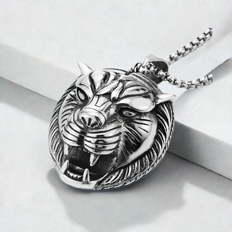 COOLSTEELANDBEYOND Stainless Steel Mens Tiger Head Pendant Necklace with 30 inches Wheat Chain