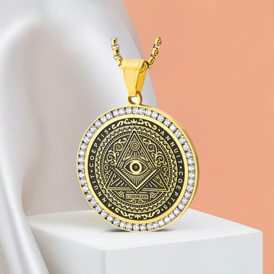 COOLSTEELANDBEYOND Circle Pendant All-seeing Eye of God Inside Triangle Pyramid, Gold Black with CZ, Mens Necklace