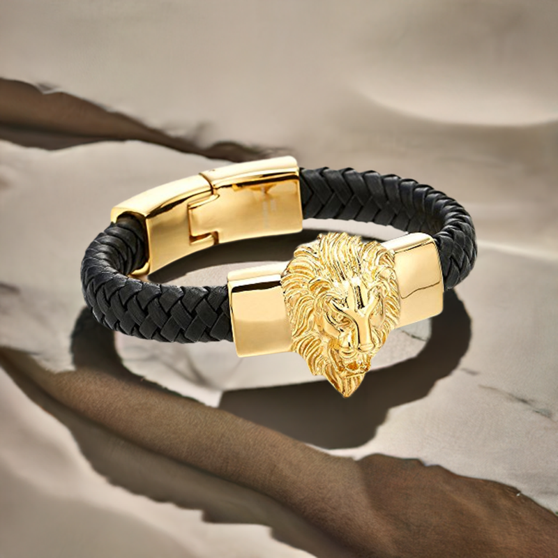 COOLSTEELANDBEYOND Mens Large Braided Leather Bracelet with Steel Lion and Genuine Leather Straps