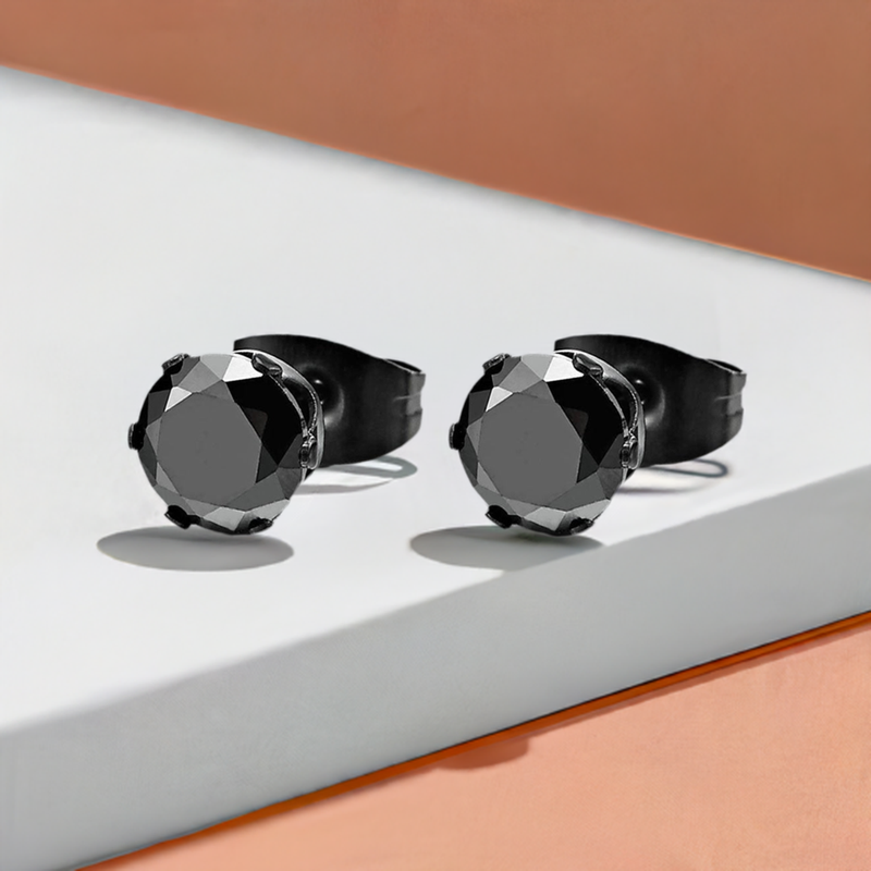 3-8MM Black Cubic Zirconia Mens Ladies Black Stud Earrings Stainless Steel, 1 Pair