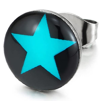 Black Circle Stud Earrings with Blue Pentagram Star Stainless Steel, for Men Women, 10MM - COOLSTEELANDBEYOND Jewelry