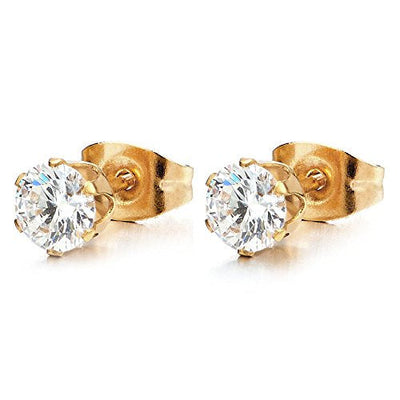 1 Pair 3-7MM White Cubic Zirconia Stud Earrings for Man Women, Gold Color Stainless Steel - coolsteelandbeyond