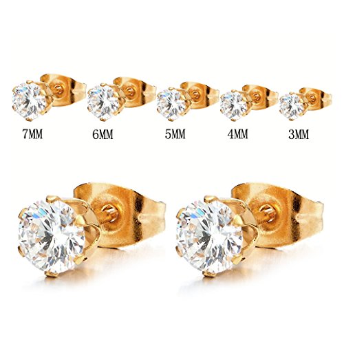 1 Pair 3-7MM White Cubic Zirconia Stud Earrings for Man Women, Gold Color Stainless Steel - coolsteelandbeyond