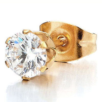 1 Pair 3-7MM White Cubic Zirconia Stud Earrings for Man Women, Gold Color Stainless Steel - coolsteelandbeyond