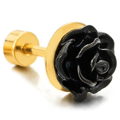 Pair Women Black Rose Flower Stud Earrings of Stainless Steel Gold Color, Screw Back, Unique - COOLSTEELANDBEYOND Jewelry