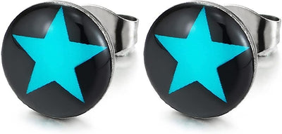 Black Circle Stud Earrings with Blue Pentagram Star Stainless Steel, for Men Women, 10MM - COOLSTEELANDBEYOND Jewelry