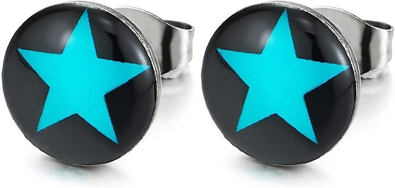 Black Circle Stud Earrings with Blue Pentagram Star Stainless Steel, for Men Women, 10MM - COOLSTEELANDBEYOND Jewelry
