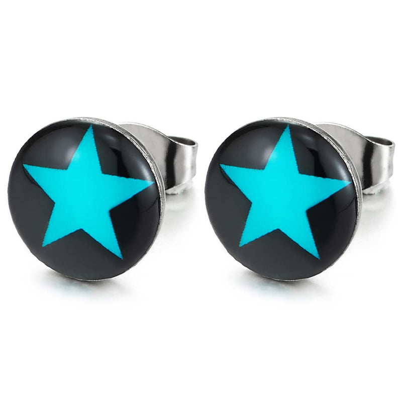 Black Circle Stud Earrings with Blue Pentagram Star Stainless Steel, for Men Women, 10MM - COOLSTEELANDBEYOND Jewelry