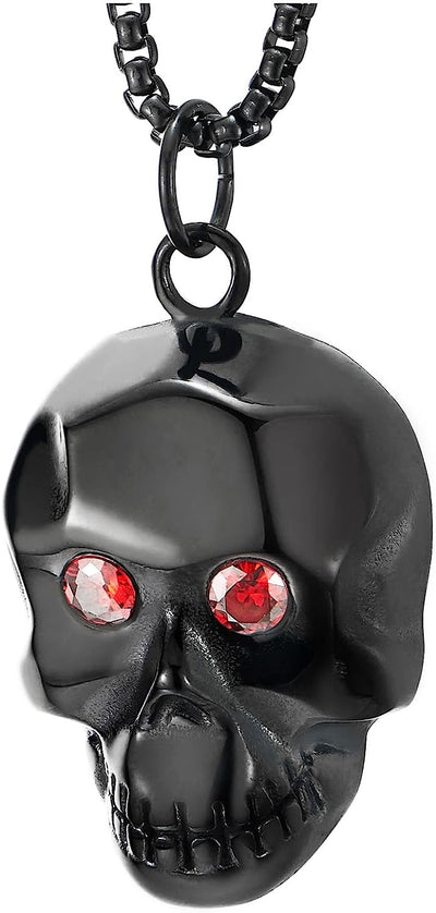 COOLSTEELANDBEYOND Black Skull Pendant Necklace with Red Cubic Zirconia, for Men Women, Stainless Steel, 30 inch Chain - COOLSTEELANDBEYOND Jewelry