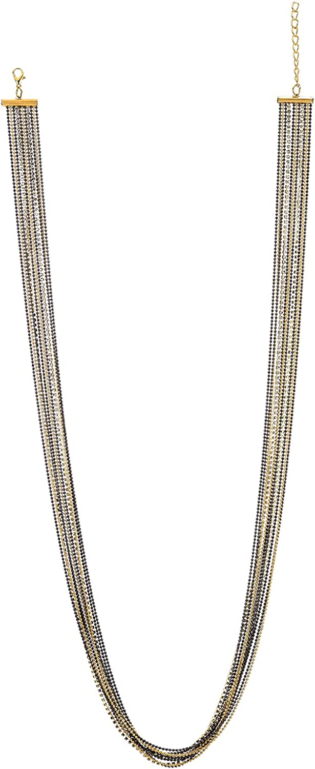 COOLSTEELANDBEYOND Gold Black Long Statement Necklace Multi-Strand Ball and Cubic Zirconia Chains, Dress Prom Party