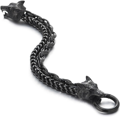 COOLSTEELANDBEYOND Biker Viking Black Wolf Heads Bracelet Mens Steel Double Curb Chain Braided Rope Chain Bracelet