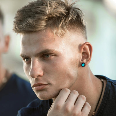 Black Circle Stud Earrings with Blue Pentagram Star Stainless Steel, for Men Women, 10MM - COOLSTEELANDBEYOND Jewelry