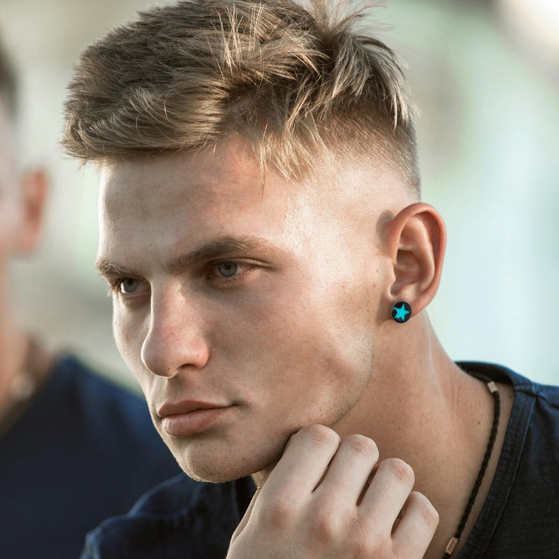 Black Circle Stud Earrings with Blue Pentagram Star Stainless Steel, for Men Women, 10MM - COOLSTEELANDBEYOND Jewelry