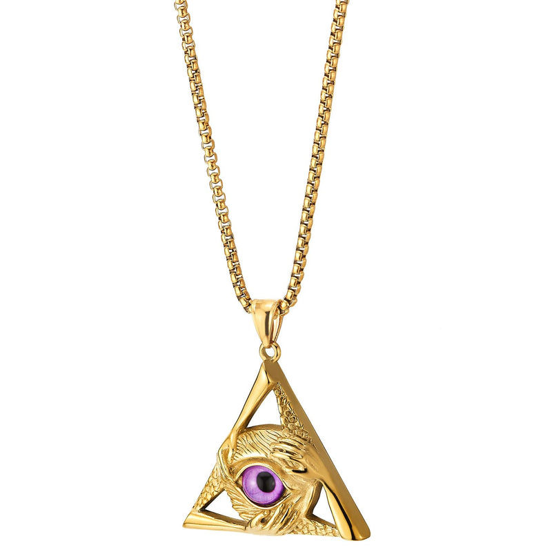 COOLSTEELANDBEYOND Purple Evil Eye Triangle Pendant Necklace Protection Hands Gold Color Steel, Men Women, Wheat Chain - COOLSTEELANDBEYOND Jewelry