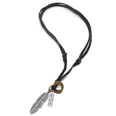 COOLSTEELANDBEYOND Aged Silver Feather Pendant with Adjustable Black Leather Cord Retro Style Necklace Unisex Men Women - COOLSTEELANDBEYOND Jewelry