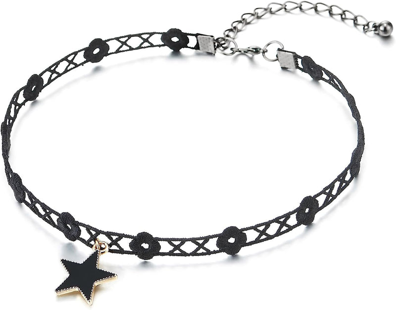 COOLSTEELANDBEYOND Ladies Black Tattoo Choker Necklace with Gold Black Star Charm Pendant