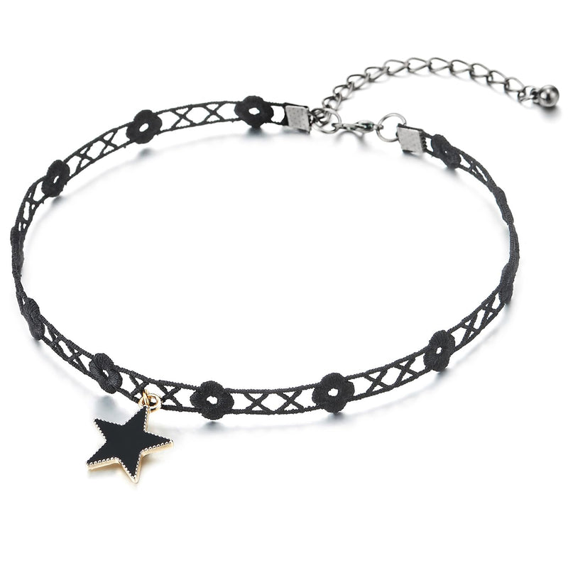 COOLSTEELANDBEYOND Ladies Black Tattoo Choker Necklace with Gold Black Star Charm Pendant