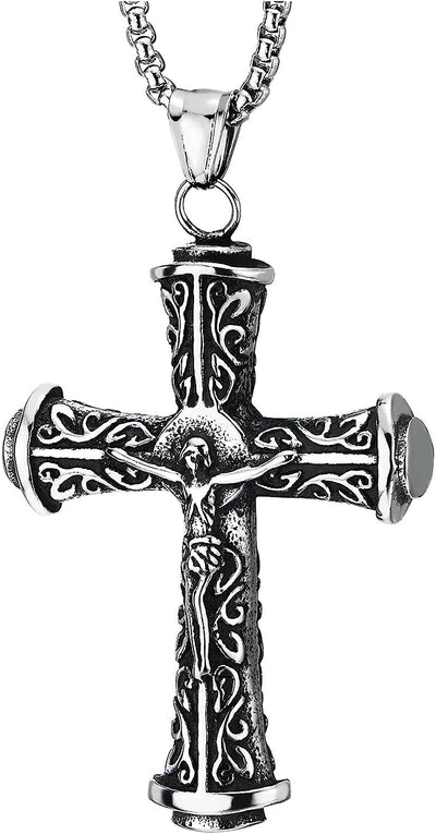 COOLSTEELANDBEYOND Filigree Crucifix Cross Jesus Christ Pendant Necklace for Men, Stainless Steel Vintage 30 Inch Chain - COOLSTEELANDBEYOND Jewelry