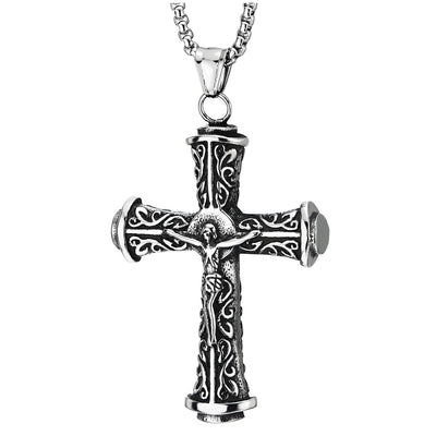 COOLSTEELANDBEYOND Filigree Crucifix Cross Jesus Christ Pendant Necklace for Men, Stainless Steel Vintage 30 Inch Chain - COOLSTEELANDBEYOND Jewelry