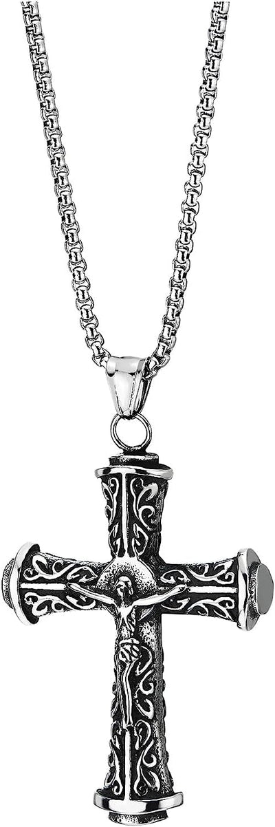 COOLSTEELANDBEYOND Filigree Crucifix Cross Jesus Christ Pendant Necklace for Men, Stainless Steel Vintage 30 Inch Chain - COOLSTEELANDBEYOND Jewelry