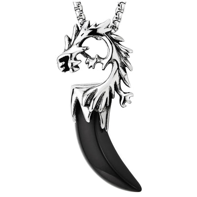 COOLSTEELANDBEYOND Dragon Horn Pendant with Black Acrylic, Stainless Steel Necklace for Men, 30 inches Wheat Chain - COOLSTEELANDBEYOND Jewelry