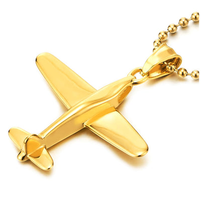 COOLSTEELANDBEYOND Airplane Pendant Necklace Gold Color Stainless Steel Necklace for Men Women, 23.6 inches Ball Chain - COOLSTEELANDBEYOND Jewelry