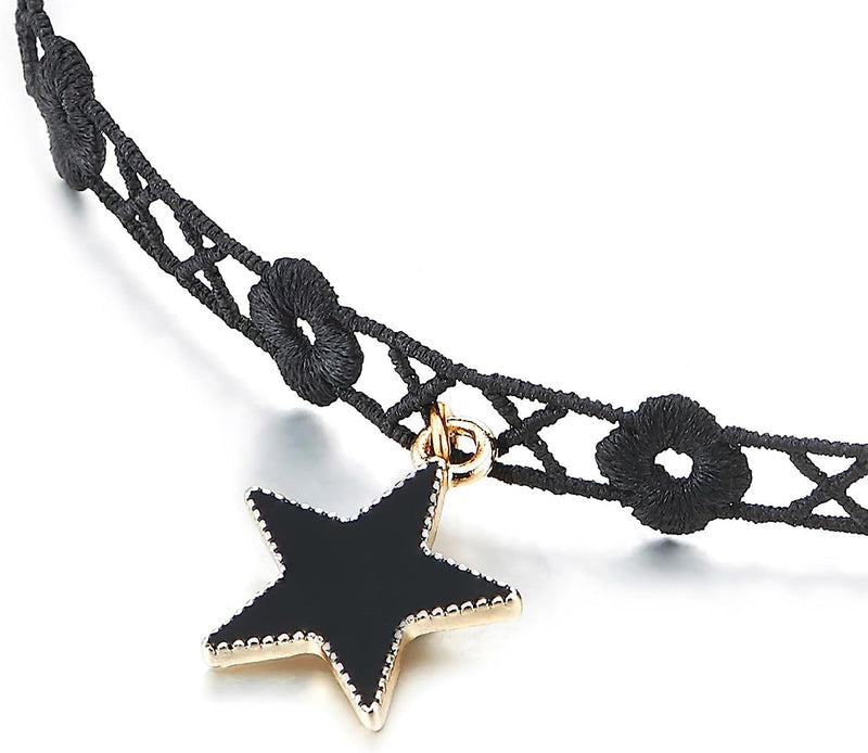 COOLSTEELANDBEYOND Ladies Black Tattoo Choker Necklace with Gold Black Star Charm Pendant